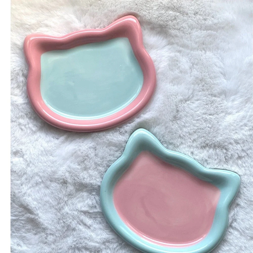 New Ceramic Cat Plate Whisker Fatigue‎ Friendly Pastel Pink Blue Kitty Dish